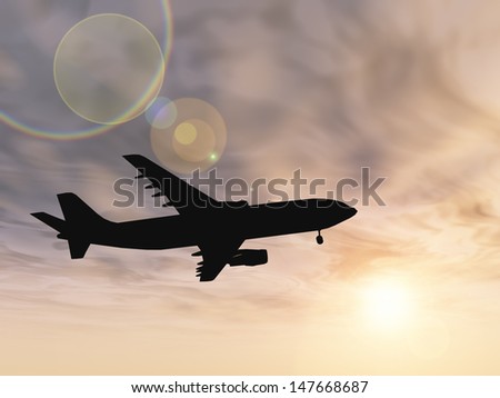 Concept or conceptual black plane, airplane or aircraft silhouette flying over sky at sunset or sunrise background,metaphor to air,travel,transportation,jet,flight,transport,business,vacation,tourism