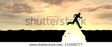 Concept or conceptual young man or businessman silhouette jump happy from cliff over  gap sunset or sunrise sky background as metaphor to freedom,nature,active,mountain,success,free,joy,health or risk