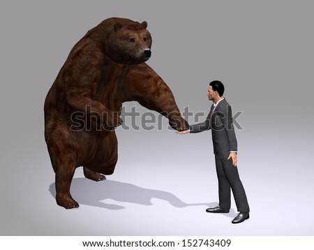 Concept or conceptual 3D human male or man as businessman, hanshaking strong and brave a giant bear on gray background,metaphor to business,courage,success,strength,leadership,powerful or leader risk