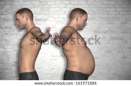 Concept or conceptual 3D fat overweight and slim fit young man on diet over vintage brick wall background,metaphor to health,body,fitness,dieting,abdomen,loss,lifestyle,obesity,unhealthy,sport or thin
