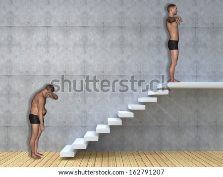 Concept or conceptual 3D fat overweight vs slim fit young man on diet over concrete wall,stair background,metaphor to health,body,fitness,dieting,abdomen,loss,lifestyle,obesity,unhealthy,sport or thin
