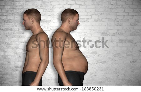 Concept or conceptual 3D fat overweight and slim fit young man on diet over vintage brick wall background,metaphor to health,body,fitness,dieting,abdomen,loss,lifestyle,obesity,unhealthy,sport or thin