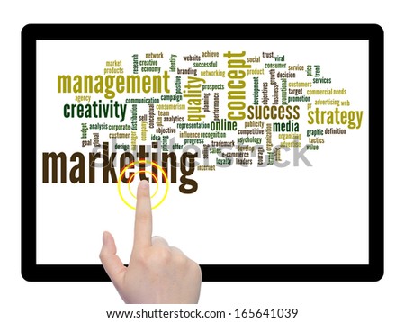 Concept or conceptual abstract word cloud with a hand touch on touch screen on white background,metaphor for business,trend,media,focus,market,value,product,advertising, customer corporate wordcloud