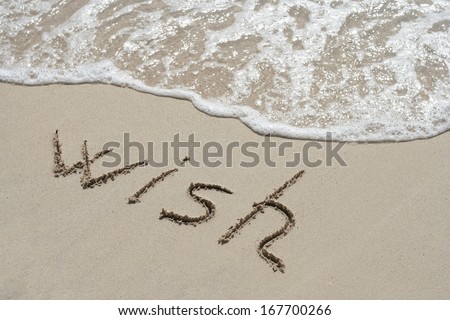Concept or conceptual hand made or handwritten wish text in sand with waves on a beach in an exotic island