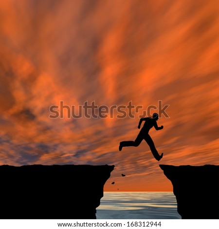 Concept or conceptual young man or businessman silhouette jump happy from cliff over water gap sunset or sunrise sky background as metaphor to freedom,nature,mountain,success,free,joy,health or risk