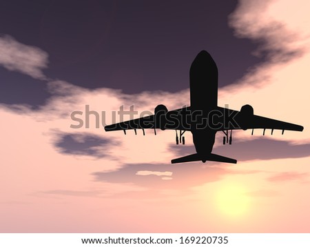 Concept or conceptual black plane, airplane or aircraft silhouette flying over sky at sunset or sunrise background,metaphor to air,travel,transportation,jet,flight,transport,business,vacation,tourism