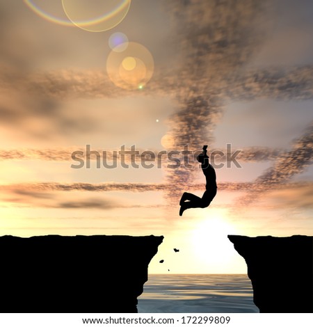 Concept or conceptual young man or businessman silhouette jump happy from cliff over water gap sunset or sunrise sky background as metaphor to freedom,nature, mountain, success,free,joy,health or risk