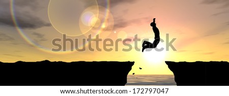 Concept or conceptual young man or businessman silhouette jump happy from cliff over water gap sunset or sunrise sky background as metaphor to freedom, nature,mountain, success,free,joy,health or risk