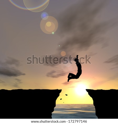 Concept Or Conceptual Young Man Or Businessman Silhouette Jump Happy From Cliff Over Water Gap Sunset Or Sunrise Sky Background As Metaphor To Freedom, Nature,Mountain, Success,Free,Joy,Health Or Risk