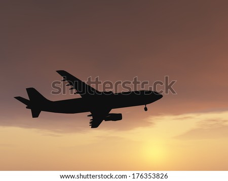 Concept or conceptual black plane, airplane or aircraft silhouette flying over sky at sunset or sunrise background