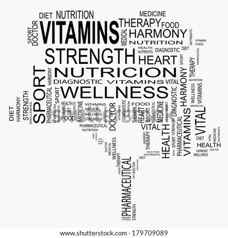Concept or conceptual black text word cloud or tagcloud as a tree isolated on white background as metaphor for health, nutrition, diet, wellness, body, energy, medical, sport, heart or science