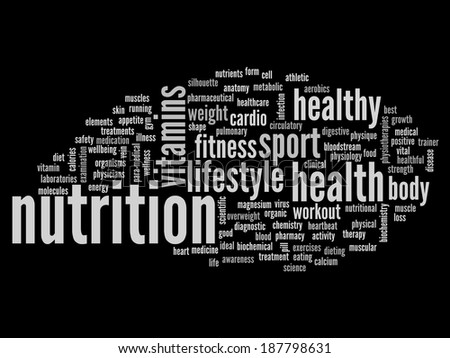 Concept or conceptual abstract word cloud on black background as metaphor for health, nutrition, diet, wellness, body, energy, medical, fitness, medical, gym, medicine, sport, heart or science