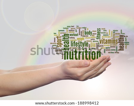 Concept or conceptual abstract word cloud man hand, rainbow sky background, metaphor to health, nutrition, diet, wellness, body, energy, medical, fitness, medical, gym, medicine, sport, heart, science