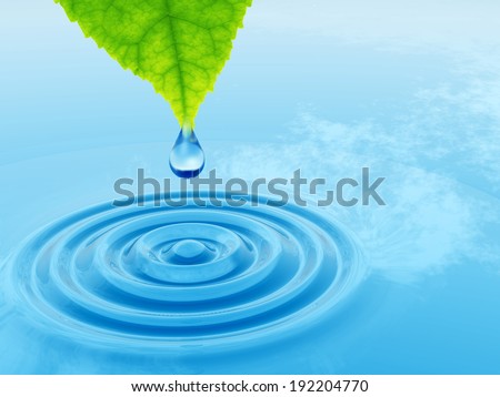 High resolution conceptual water or dew drop falling from a green fresh leaf on a blue clear water making waves, a concept ideal for summer, spring, nature or natural designs and also for ecology