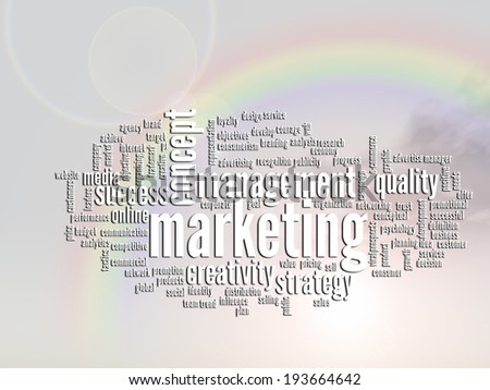 Concept or conceptual abstract word cloud, rainbow sun background, metaphor for business, trend, media, focus, market, value, marketing, product, advertising or customer. Also for corporate wordcloud