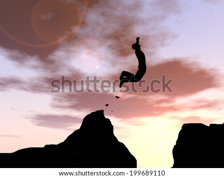 Concept or conceptual young man, businessman silhouette jump happy from cliff over water gap sunset or sunrise sky background, metaphor to freedom, nature, mountain, success, free, joy, health or risk