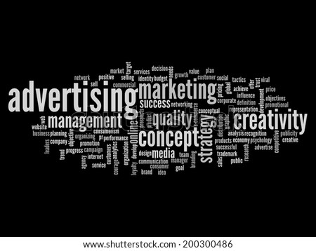 Concept or conceptual white abstract word cloud on black background as metaphor for business, trend, media, focus, market, value, product, advertising or customer. Also for corporate wordcloud