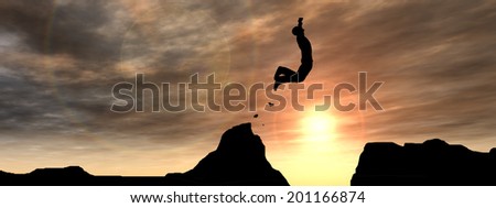 Concept or conceptual young man or businessman silhouette jump happy from cliff over  gap sunset or sunrise sky banner background