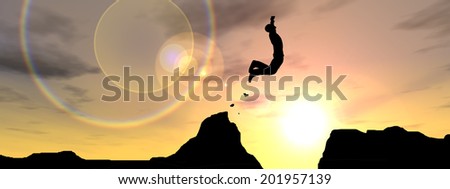 Concept or conceptual young man or businessman silhouette jump happy from cliff over  gap sunset or sunrise sky background as metaphor to freedom, nature, mountain, success, free, joy, health or risk