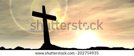 Concept conceptual black cross or religion symbol silhouette in rocks over a sunset or sunrise sky with sunlight clouds background for God Christ Christianity religious faith Jesus or belief Concept conceptual black cross or religion symbol silhouette in rocks over a sunset or sunrise sky with sunlight clouds background for God Christ Christianity religious faith Jesus or belief