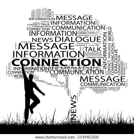 Concept or conceptual black tree and grass word cloud, a man jumping on white, for communication, message, mail, relation, dialog, talk, report, contact, stair, climb, email, internet wordcloud