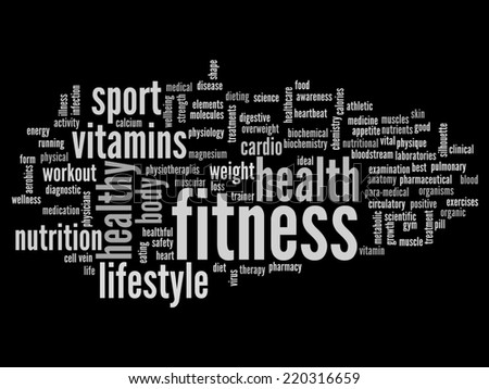 Concept or conceptual abstract word cloud on black background as metaphor for health, nutrition, diet, wellness, body, energy, medical, fitness, medical, gym, medicine, sport, heart or science