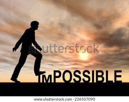 Concept conceptual 3D human man or businessman as black silhouette stepping over impossible or possible text at sunset, metaphor to success, challenge, motivation, achievement, business, goal or hope