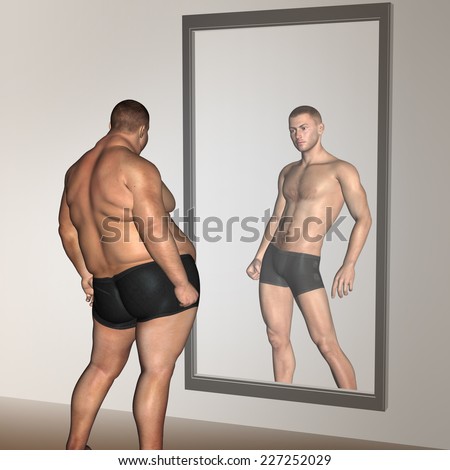 Concept or conceptual 3D fat overweight vs slim fit with muscles young man on diet reflecting in mirror, metaphor weight loss, body, fitness, fatness, obesity, health, healthy, male, dieting or shape