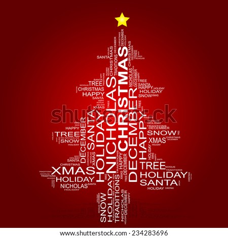 Concept or conceptual white Christmas tree on a red background made of text or words wordcloud, metaphor to holiday, Santa, winter, tradition, gift, christian, happy, festive, religion or joy