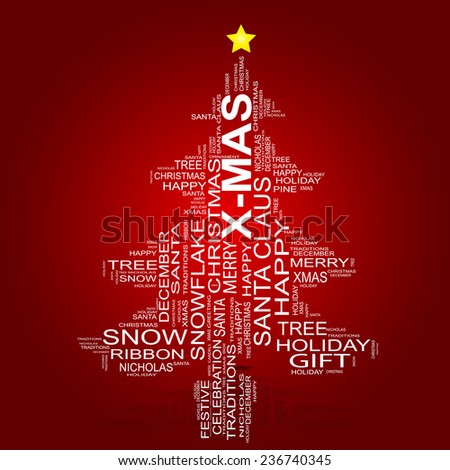 Concept or conceptual white Christmas tree on a red background made of text or words wordcloud, metaphor to holiday, Santa, winter, tradition, gift, christian, happy, festive, religion or joy