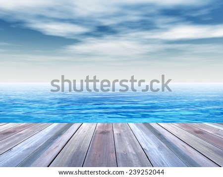 Concept or conceptual old wood or wooden deck on coast of exotic blue clear sea or ocean waves and sky vacation or tourism background, metaphor to travel, summer, tropical, relax, resort or lifestyle