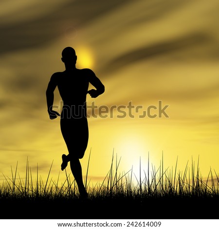 Concept or conceptual human male or young man black silhouette running happy in summer grass over sky at sunset or sunrise background, metaphor to training, healthy, jogging, fit, lifestyle or workout