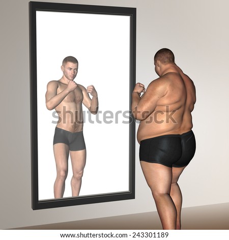 Concept or conceptual 3D fat overweight vs slim fit with muscles young man on diet reflecting in a mirror
