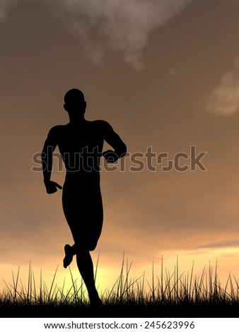 Concept or conceptual human male or young man black silhouette running happy in summer grass over sky at sunset or sunrise background, metaphor to training, healthy, jogging, fit, lifestyle or workout