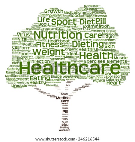 Concept or conceptual health, healthcare or diet green text word cloud or tagcloud tree isolated on white background