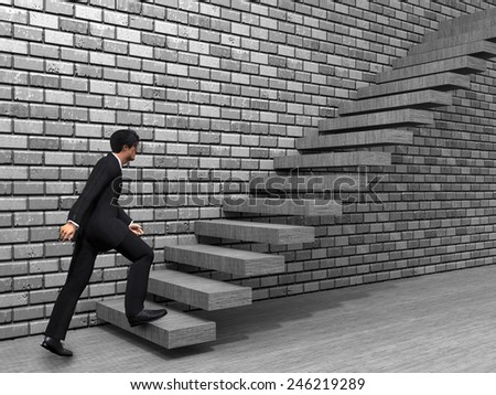 Concept or conceptual 3D male businessman on stair or steps near a wall background, metaphor to success, climb, business, rise, achievement, growth, job, career, leadership, education, goal or future