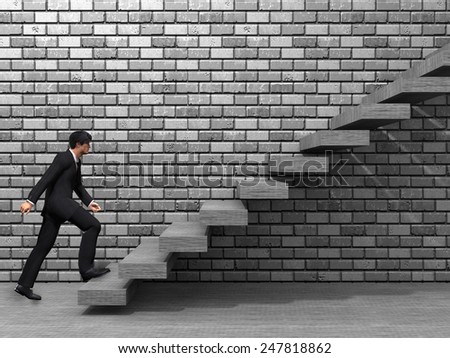 Concept or conceptual 3D male businessman on stair or steps near a wall background, metaphor to success, climb, business, rise, achievement, growth, job, career, leadership, education, goal or future