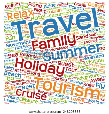 Concept or conceptual colorful travel or tourism text word cloud tagcloud isolated on white background, metaphor to vacation, family, summer, voyage, transport, fun, leisure, worldwide cruise