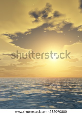 Concept or conceptual sunset or sunrise background with the sun close to horizon and sea or ocean as a metaphor for nature, romantic, dramatic, light, evening, morning, peace, atmosphere or weather