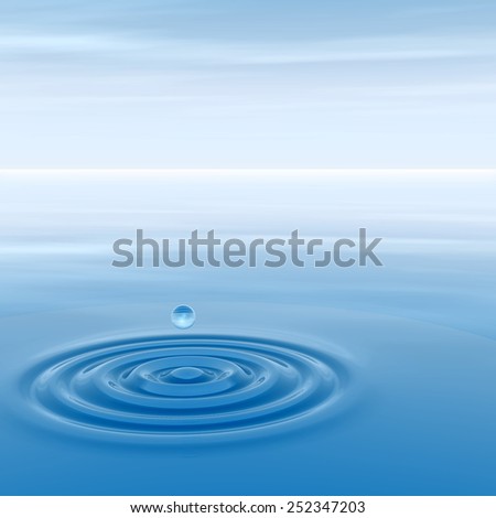 Concept or conceptual blue liquid drop falling in water splash background with ripples and waves, metaphor to nature, natural, summer, spa, drink, cool, business, environment, rain or health design