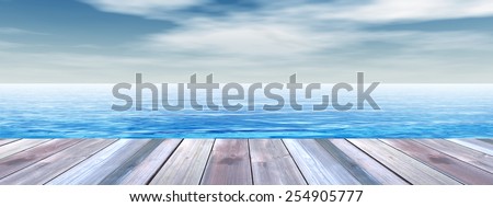 Concept or conceptual old wood or wooden deck on coast of exotic blue clear sea or ocean waves and sky vacation or tourism background banner