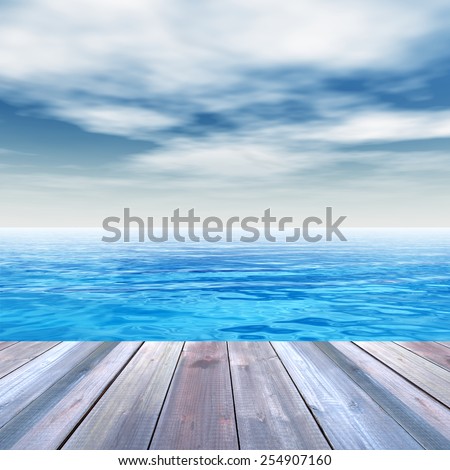 Concept or conceptual old wood or wooden deck on coast of exotic blue clear sea or ocean waves and sky vacation or tourism background, metaphor to travel, summer, tropical, relax, resort or lifestyle