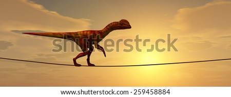 Concept or conceptual abstract business metaphor as wild heavy dinosaurus balancing on rope over sunset sky background, for risk, danger, challenge, power, trust, possible, courage, strong or success