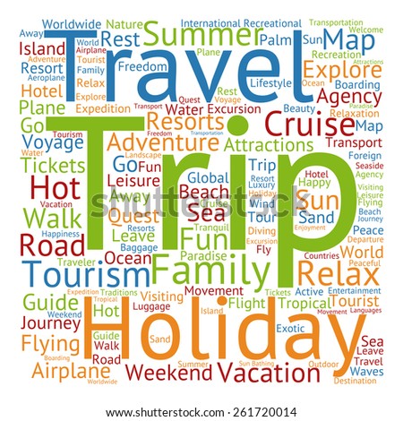 Concept or conceptual abstract summer travel or tourism word cloud or wordcloud isolated on white background