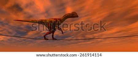 Concept or conceptual abstract business metaphor as wild heavy dinosaurus balancing on rope over sunset sky background banner