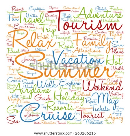 Concept or conceptual abstract summer travel or tourism word cloud or wordcloud isolated on white background