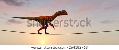 Concept or conceptual abstract business metaphor as wild heavy dinosaurus balancing on rope over sunset sky background banner