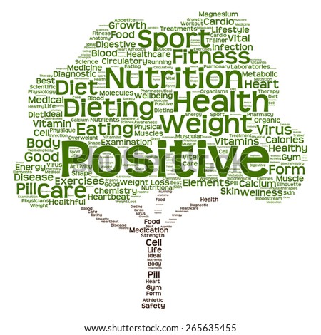 Concept or conceptual green text word cloud or tagcloud tree isolated on white background, metaphor to health, nutrition, diet, healthy, wellness, body, energy, medical, sport, heart or science