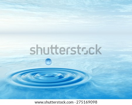Concept or conceptual blue liquid drop falling in water with ripples and waves background, metaphor to nature, natural, summer, spa, drink, cool, business, environment, rain or health design