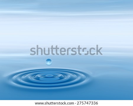Concept or conceptual blue liquid drop falling in water with ripples and waves background metaphor to nature, natural, summer, spa, drink, cool, business, environment, rain or health design